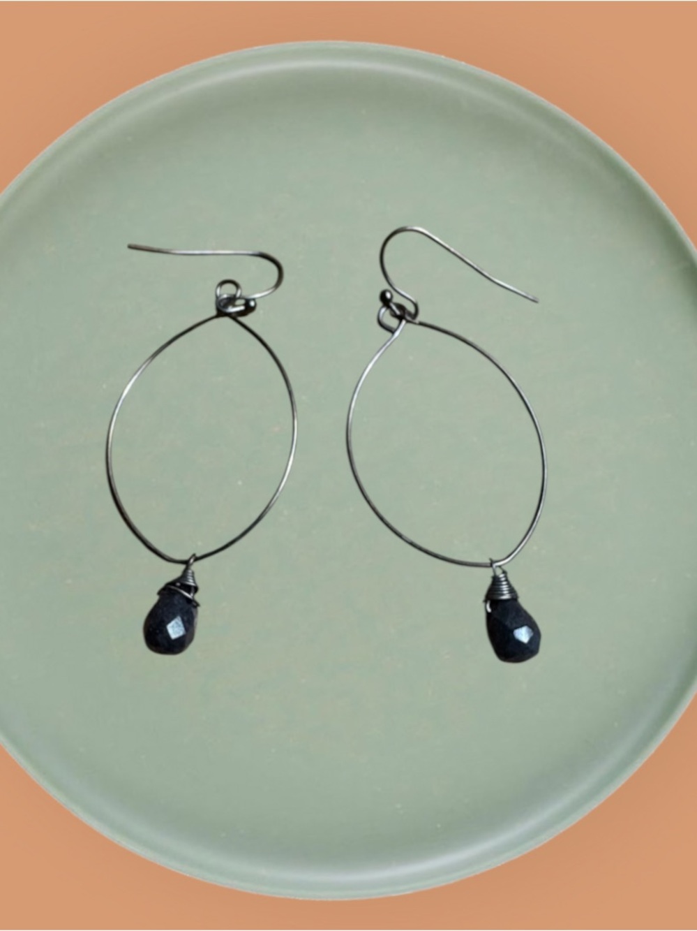 Whimsical Victorian oblong hoop earrings wire-wrapped faceted onyx drops